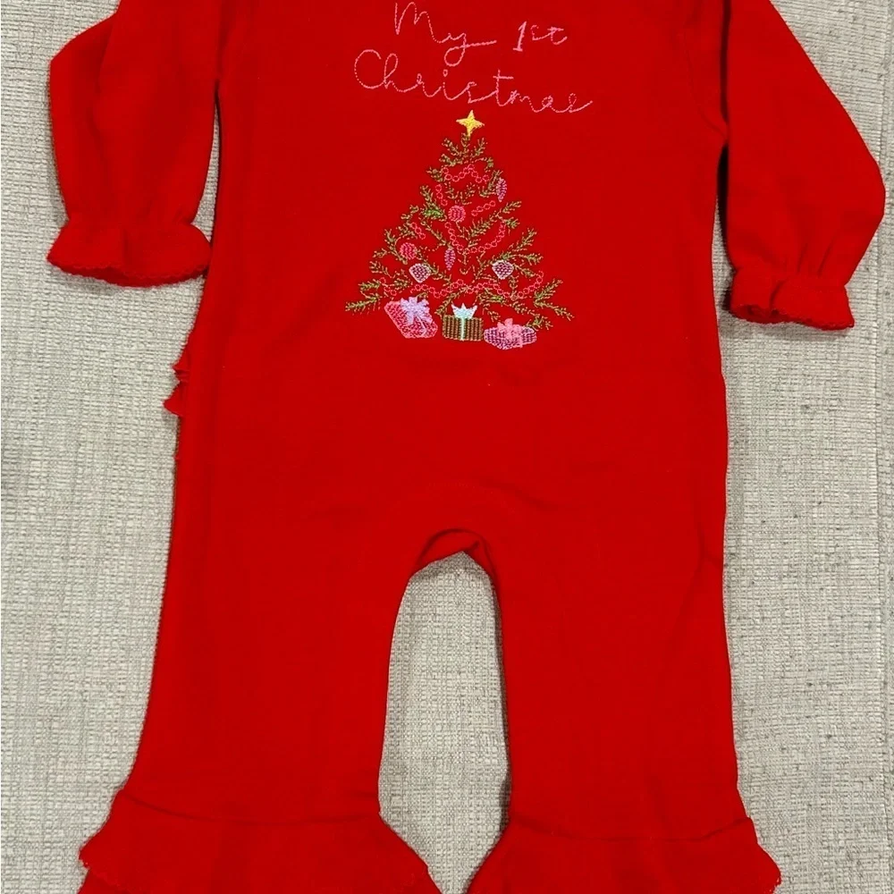 My 1st Christmas Baby Girl’s Red Embroidered Ruffle Romper 12M